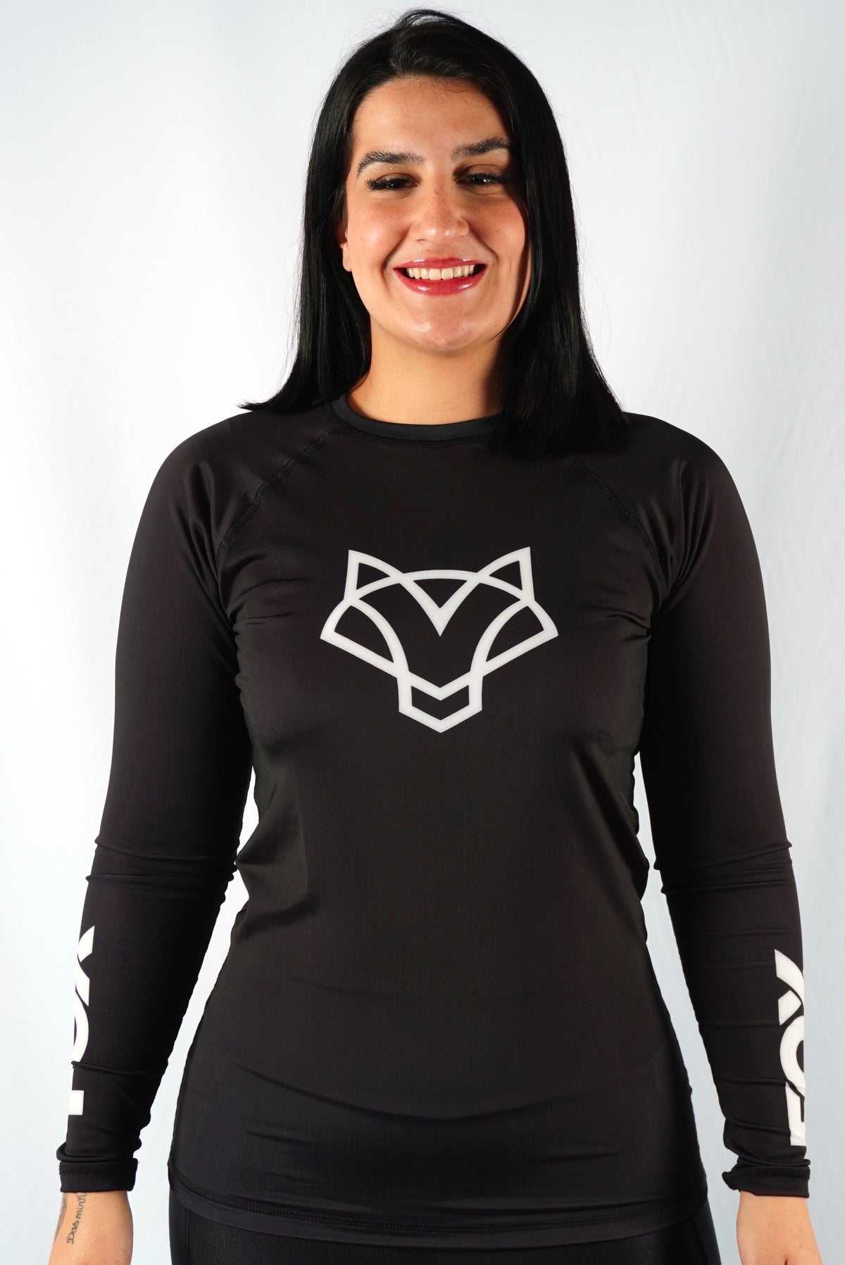 Rash Guard Jiu-Jitsu Feminina FOX FW Preta Manga Longa (Logo Branca) UV 50+