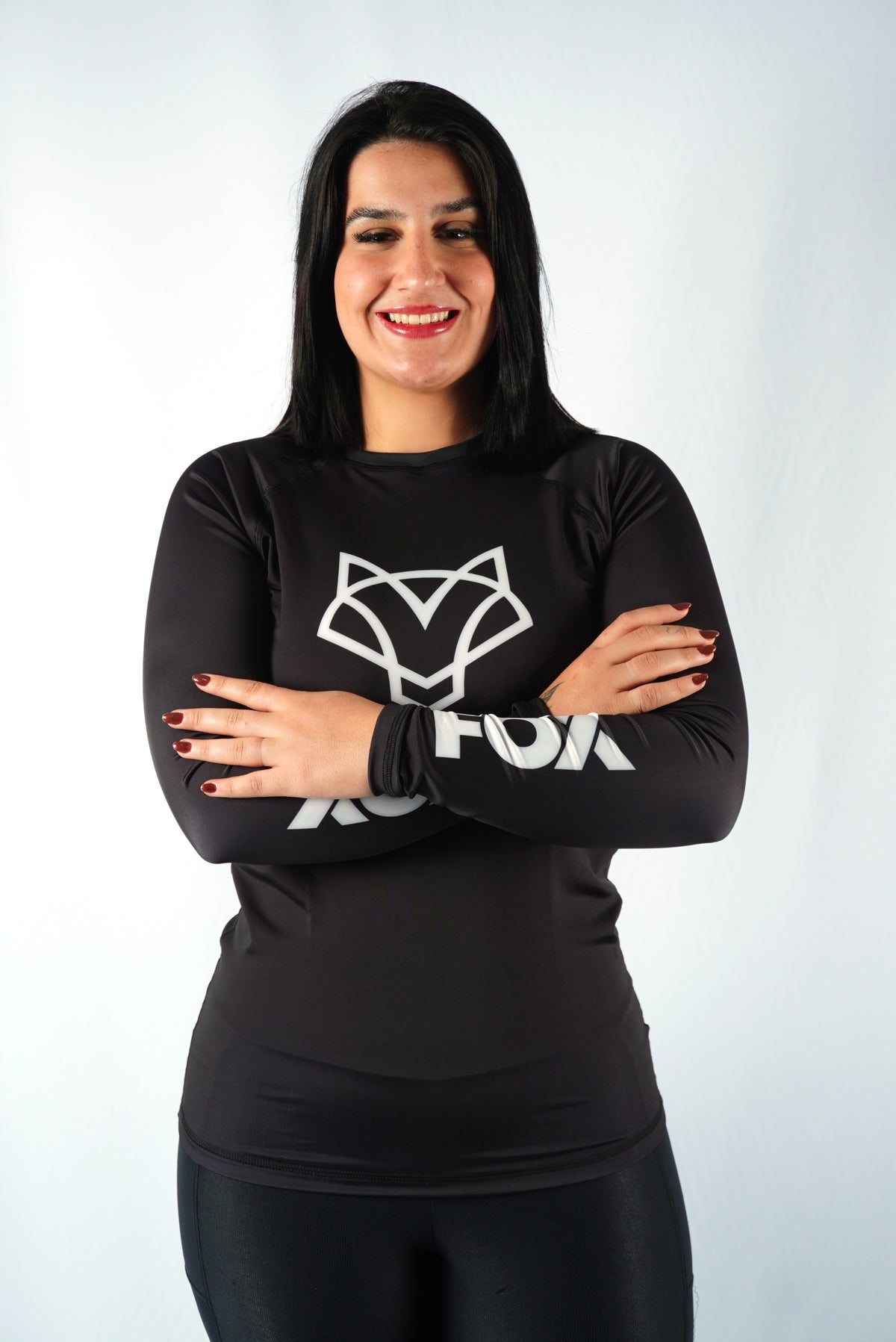 Rash Guard Jiu-Jitsu Feminina FOX FW Preta Manga Longa (Logo Branca) UV 50+