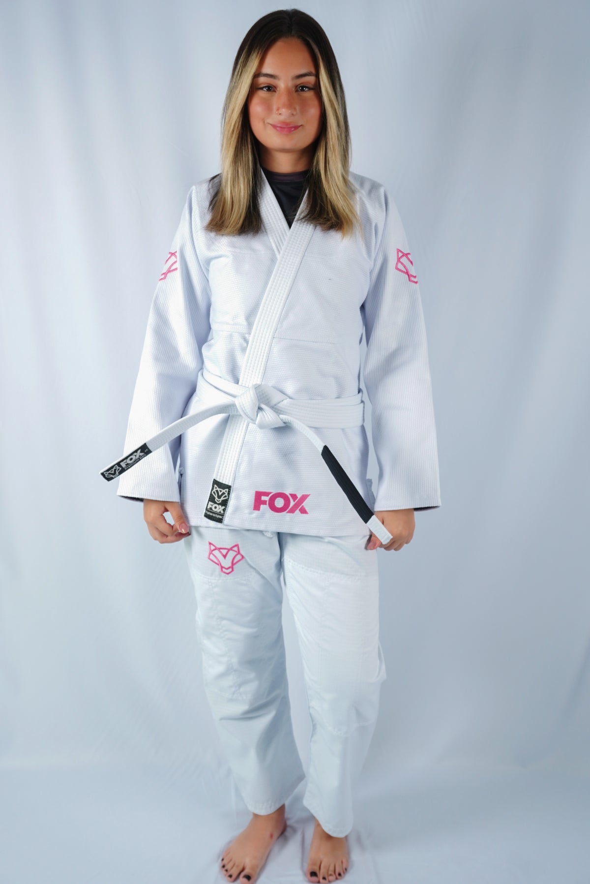 Kimono Trançado Jiu-jitsu Feminino Fox - Branco com Rosa
