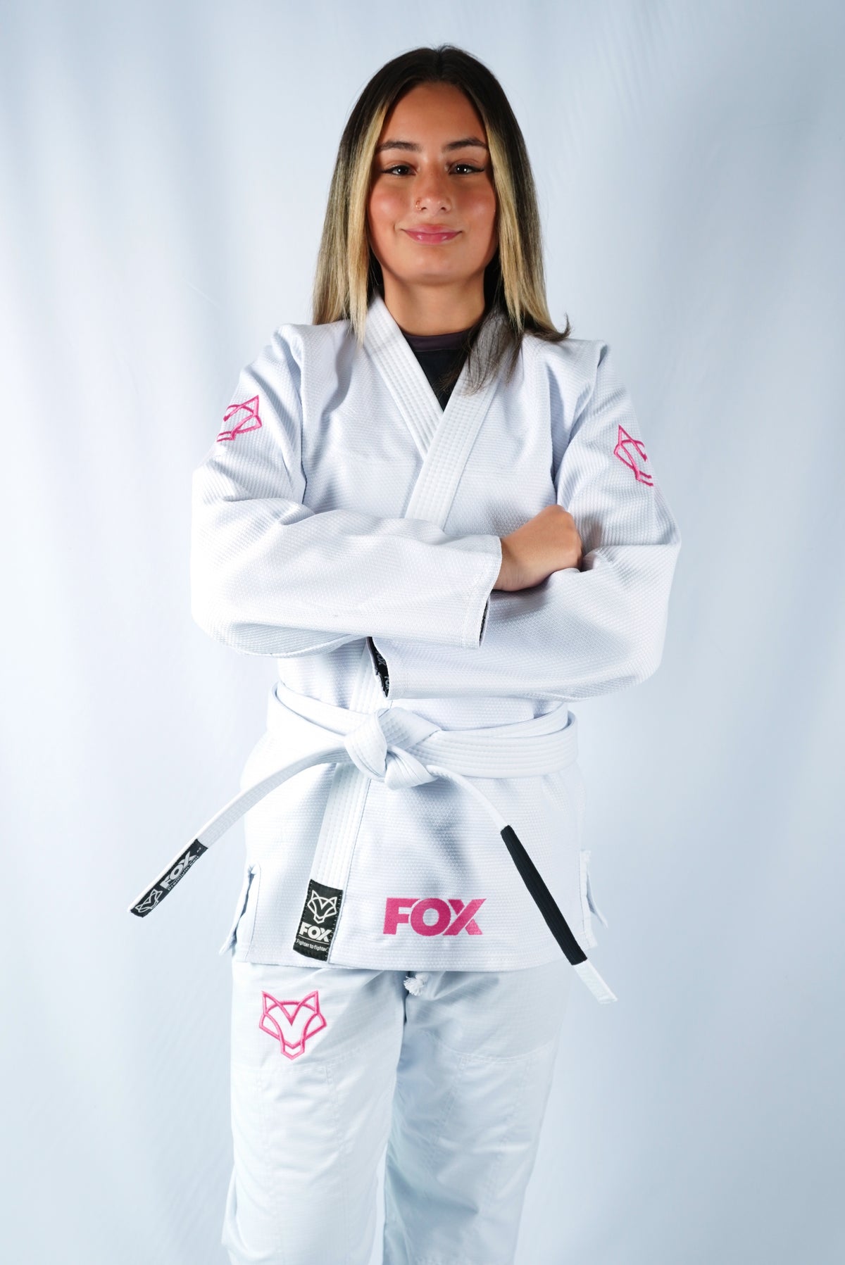 Kimono Trançado Jiu-jitsu Feminino Fox - Branco com Rosa
