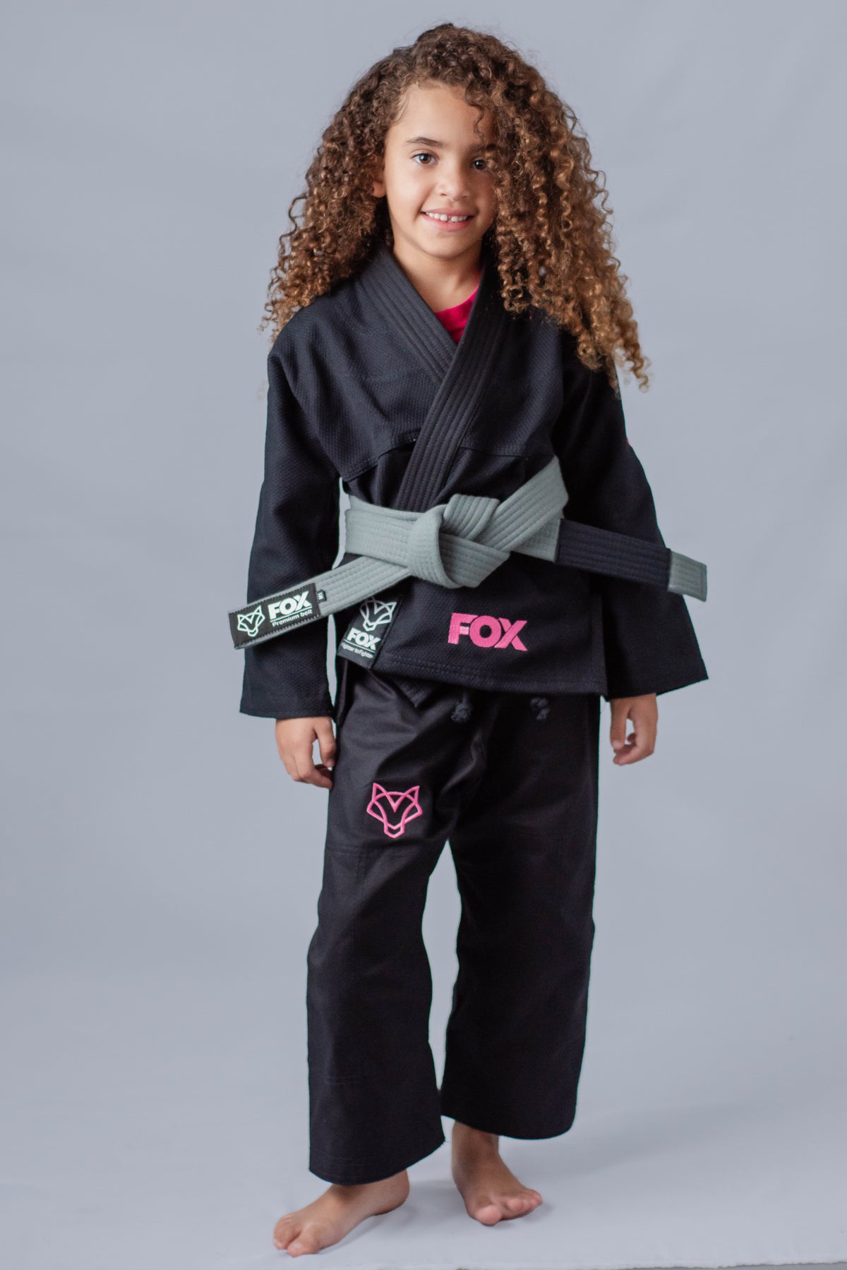 Kimono Feminino Kids Fox™ - Preto com logo Rosa