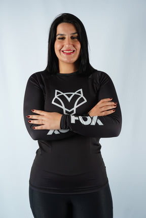 Rash Guard Jiu-Jitsu Feminina FOX FW Preta Manga Longa (Logo Branca) UV 50+