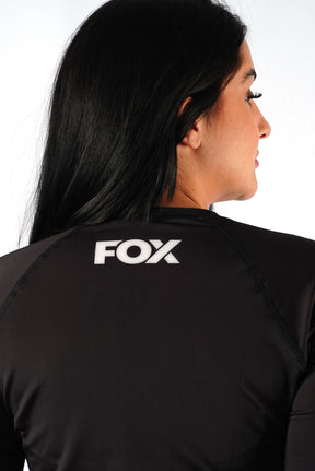 Rash Guard Jiu-Jitsu Feminina FOX FW Preta Manga Longa (Logo Branca) UV 50+