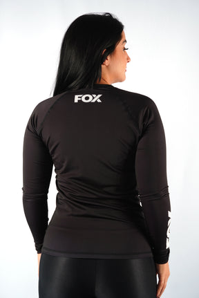 Rash Guard Jiu-Jitsu Feminina FOX FW Preta Manga Longa (Logo Branca) UV 50+