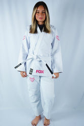 Kimono Trançado Jiu-jitsu Feminino Fox - Branco com Rosa