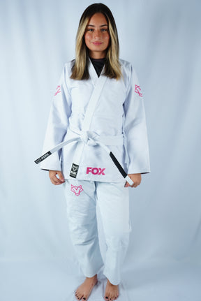 Kimono Trançado Jiu-jitsu Feminino Fox - Branco com Rosa
