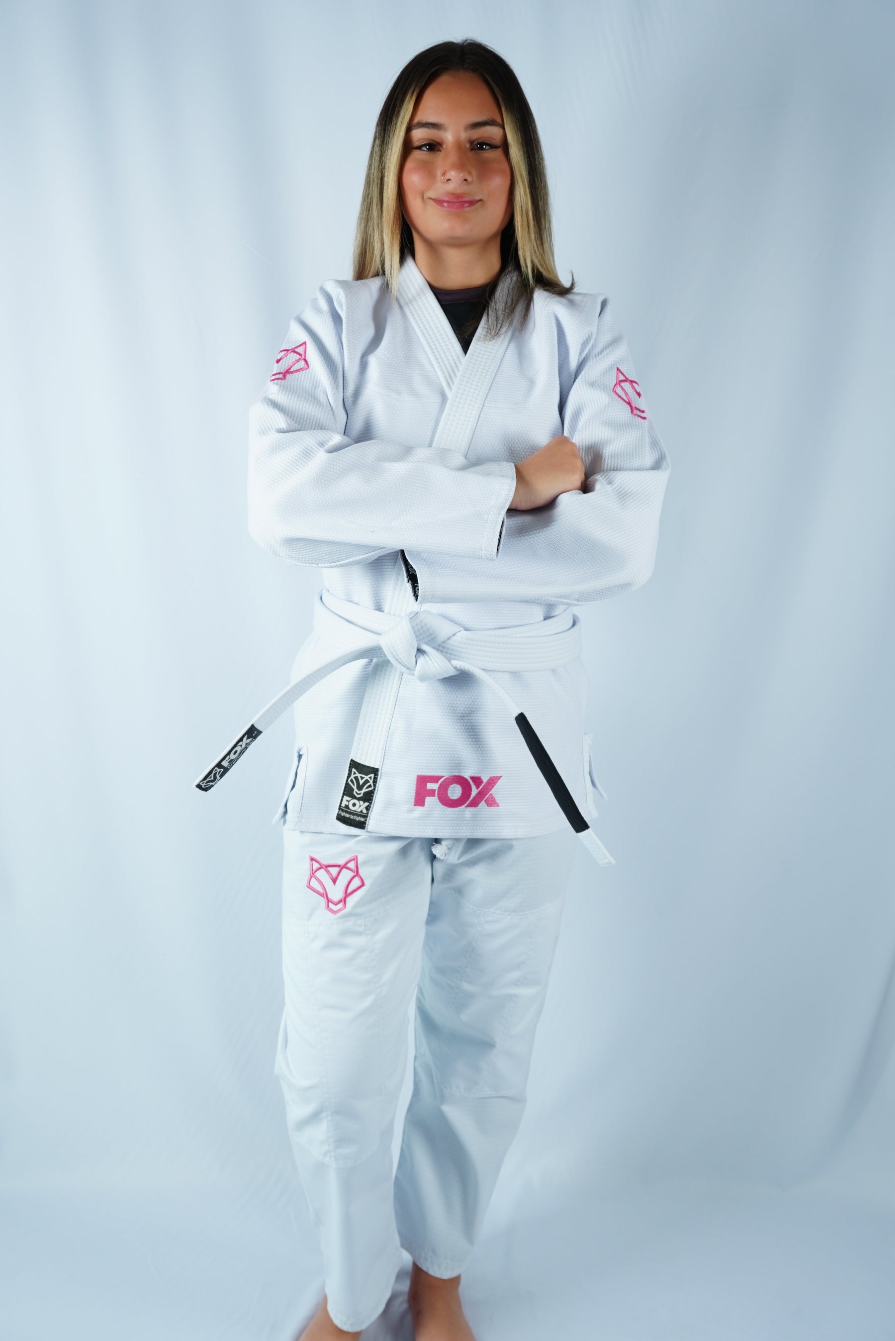 Kimono Trançado Jiu-jitsu Feminino Fox - Branco com Rosa