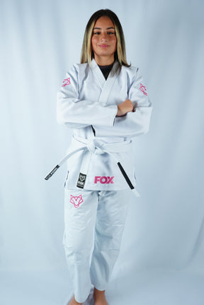 Kimono Trançado Jiu-jitsu Feminino Fox - Branco com Rosa