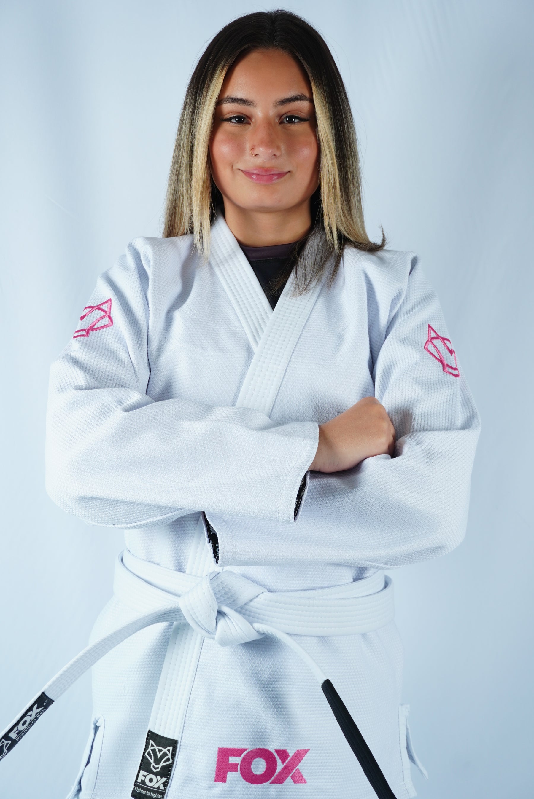 Kimono Trançado Jiu-jitsu Feminino Fox - Branco com Rosa
