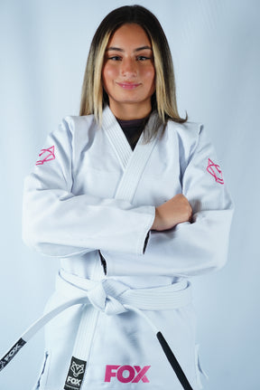 Kimono Trançado Jiu-jitsu Feminino Fox - Branco com Rosa