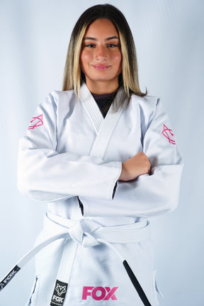 Kimono Trançado Jiu-jitsu Feminino Fox - Branco com Rosa