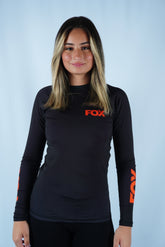 Rash Guard Jiu-Jitsu Feminina FOX FW Preta Manga Longa (Logo Laranja) UV 50+