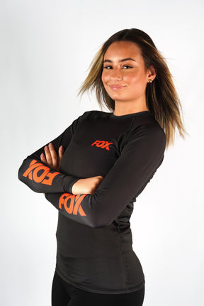Rash Guard Jiu-Jitsu Feminina FOX FW Preta Manga Longa (Logo Laranja) UV 50+