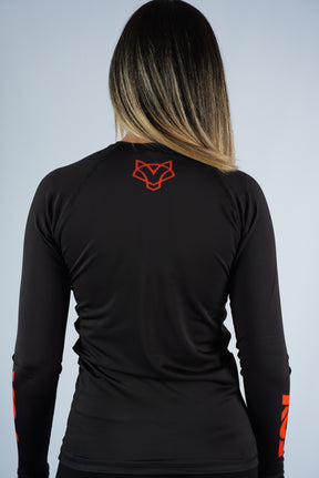 Rash Guard Jiu-Jitsu Feminina FOX FW Preta Manga Longa (Logo Laranja) UV 50+