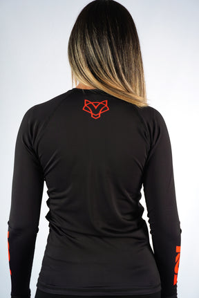 Rash Guard Jiu-Jitsu Feminina FOX FW Preta Manga Longa (Logo Laranja) UV 50+