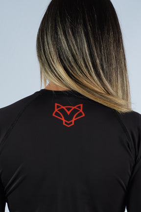 Rash Guard Jiu-Jitsu Feminina FOX FW Preta Manga Longa (Logo Laranja) UV 50+