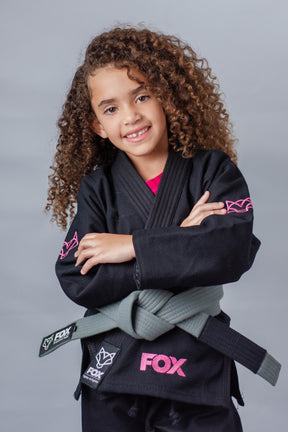 Kimono Feminino Kids Fox™ - Preto com logo Rosa
